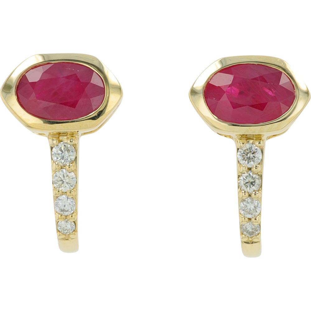 14K White Gold J-Hoop Earrings with Oval Rubies and Round Diamonds - 0.80 Carat Total Ruby Weight, 0.12 Carat Total Diamond Weight