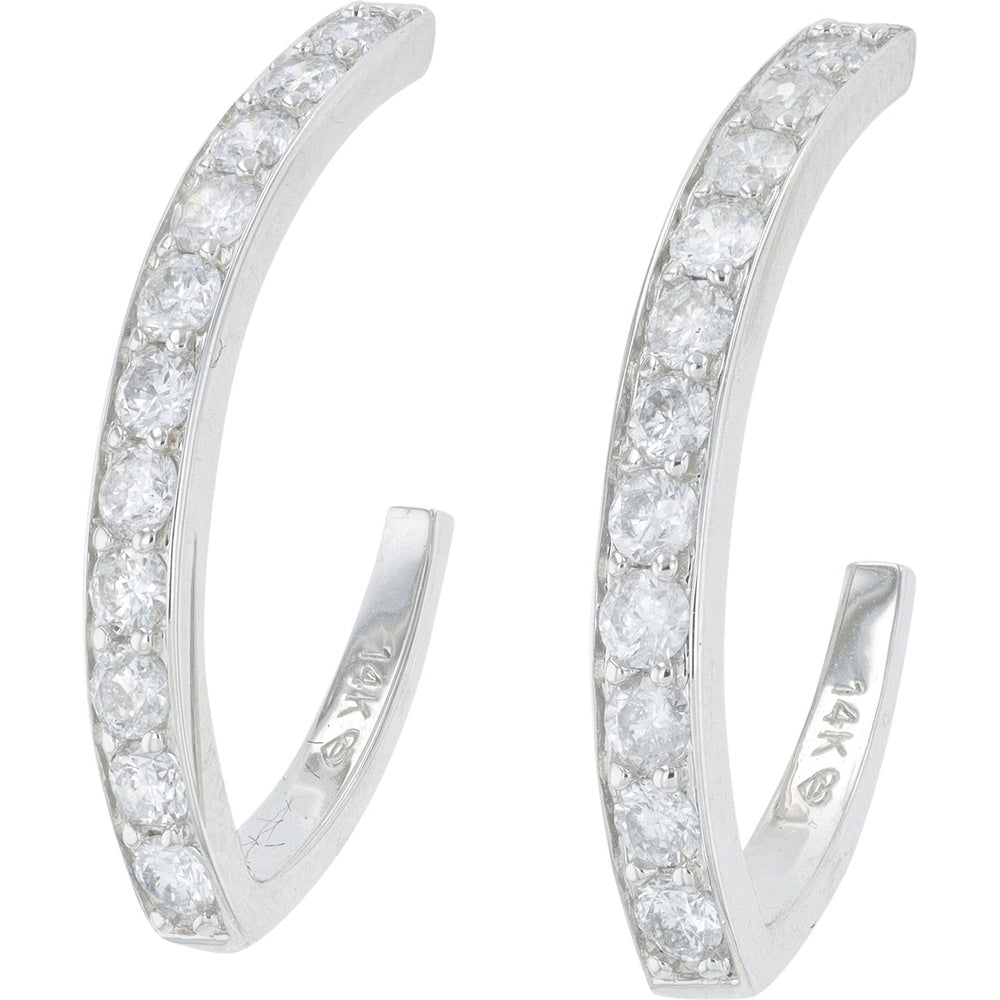 14K White Gold J-Hoop Earrings with Prong-Set Round Diamonds - 1.00 Carat Total Diamond Weight
