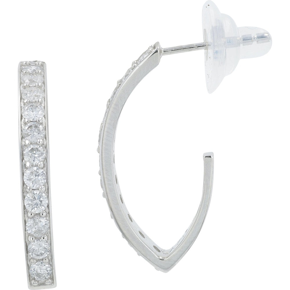 14K White Gold J-Hoop Earrings with Prong-Set Round Diamonds - 1.00 Carat Total Diamond Weight