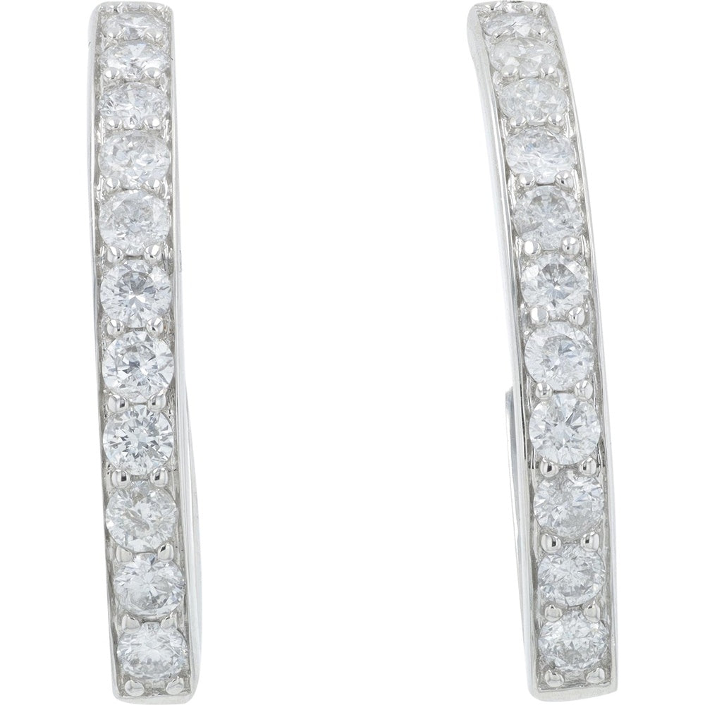 14K White Gold J-Hoop Earrings with Prong-Set Round Diamonds - 1.00 Carat Total Diamond Weight