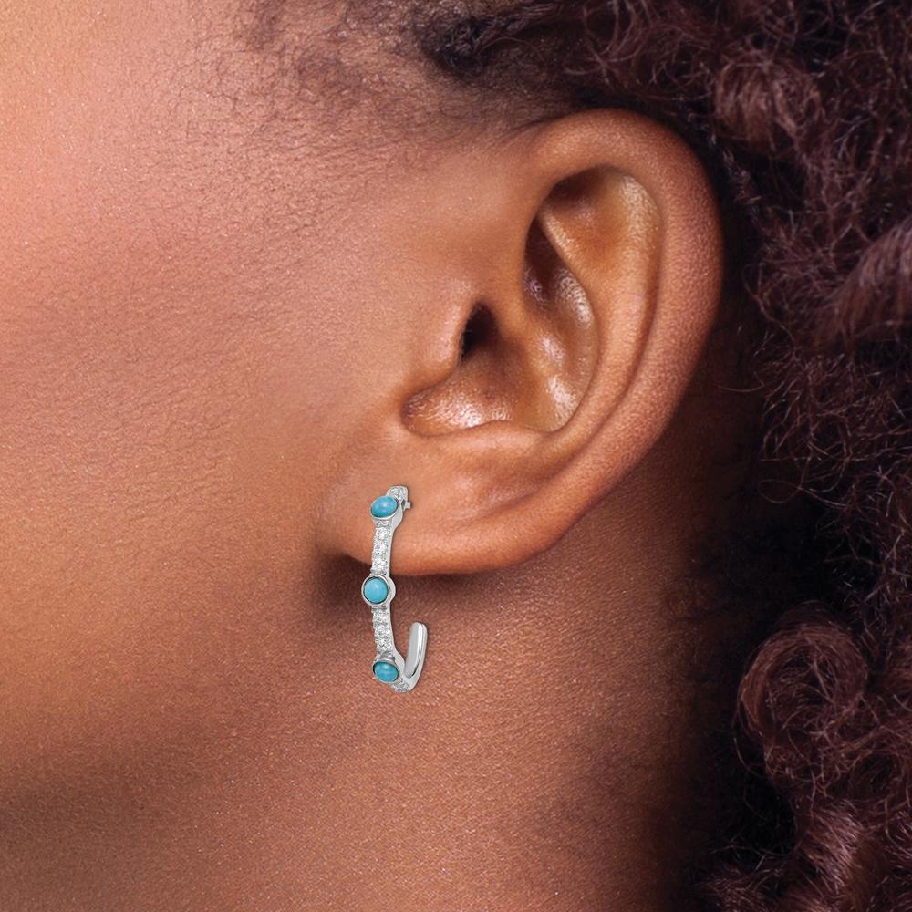 14K White Gold J-Hoop Earrings with Round Turquoise and White Topaz - 0.17 Carat Total Gemstone Weight by Monteluci Fine Jewelry