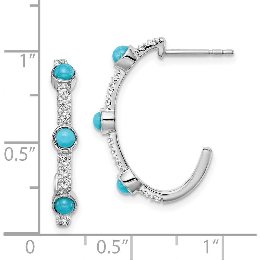 14K White Gold J-Hoop Earrings with Round Turquoise and White Topaz - 0.17 Carat Total Gemstone Weight by Monteluci Fine Jewelry