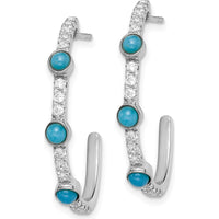 14K White Gold J-Hoop Earrings with Round Turquoise and White Topaz - 0.2218 Carat Total Gem Weight by Monteluci Fine Jewelry
