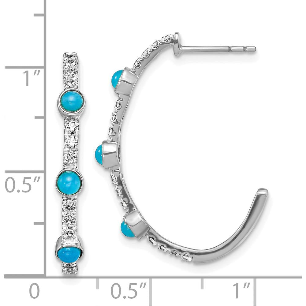 14K White Gold J-Hoop Earrings with Round Turquoise and White Topaz - 0.2218 Carat Total Gem Weight by Monteluci Fine Jewelry