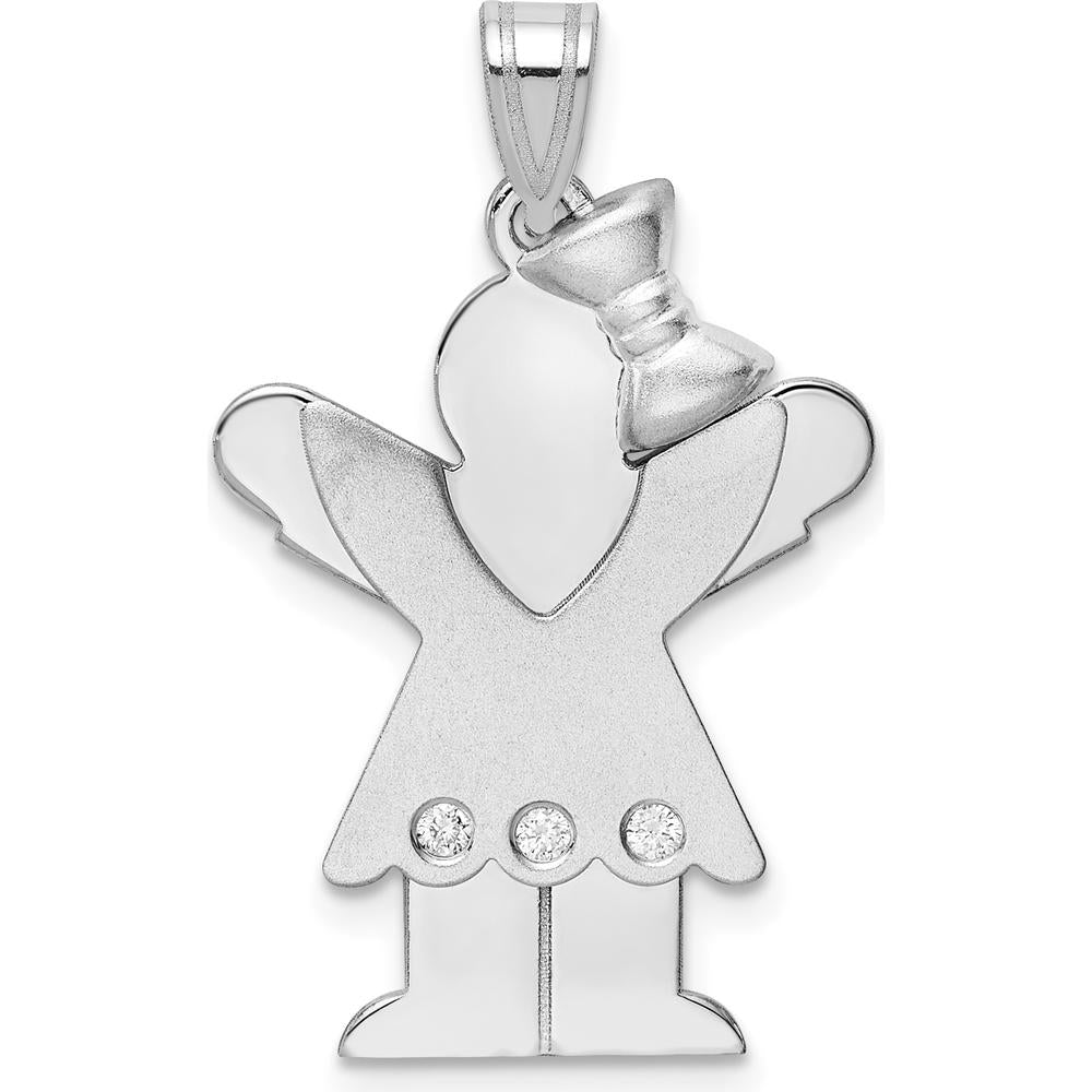14K White Gold Kids Girl Pendant with Ruffles and Bow, 3 Round Diamonds - 0.015 Carat Total Diamond Weight by Oro Pregiato