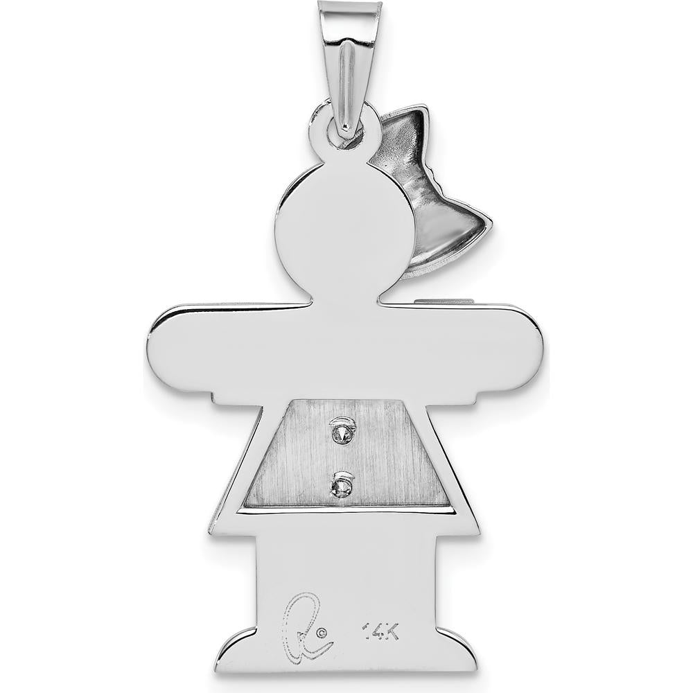 14K White Gold Kids Medium Girl with Bow on Left Diamond Hugs Charm with Round White Diamonds - 0.03 Carat Total Diamond Weight by Oro Pregiato