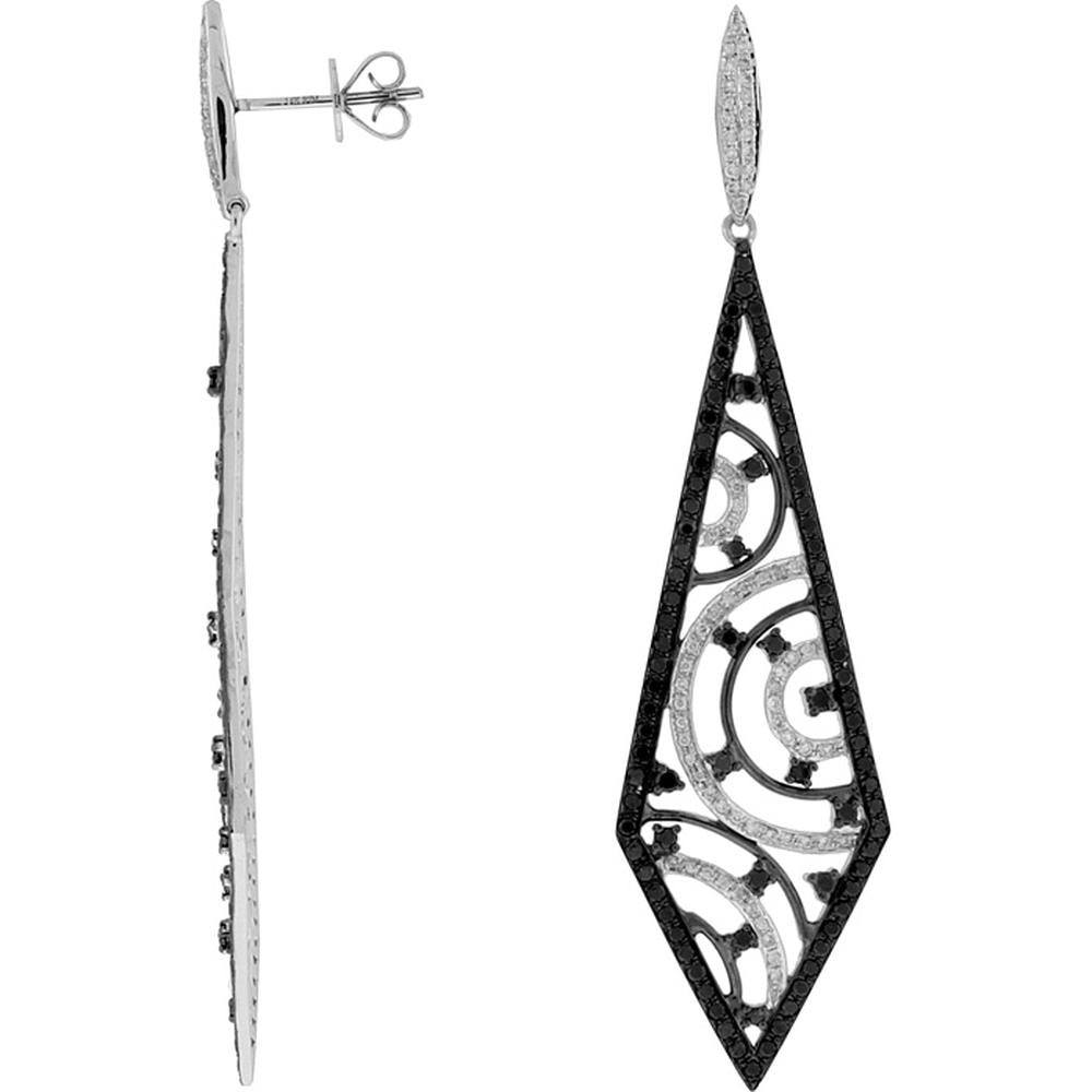 14K White Gold Kite-Shaped Drop Earrings with Round Black Diamonds and Diamond Filigree Detail - 2.05 Carat Total Gem Weight - Royal Jewelry