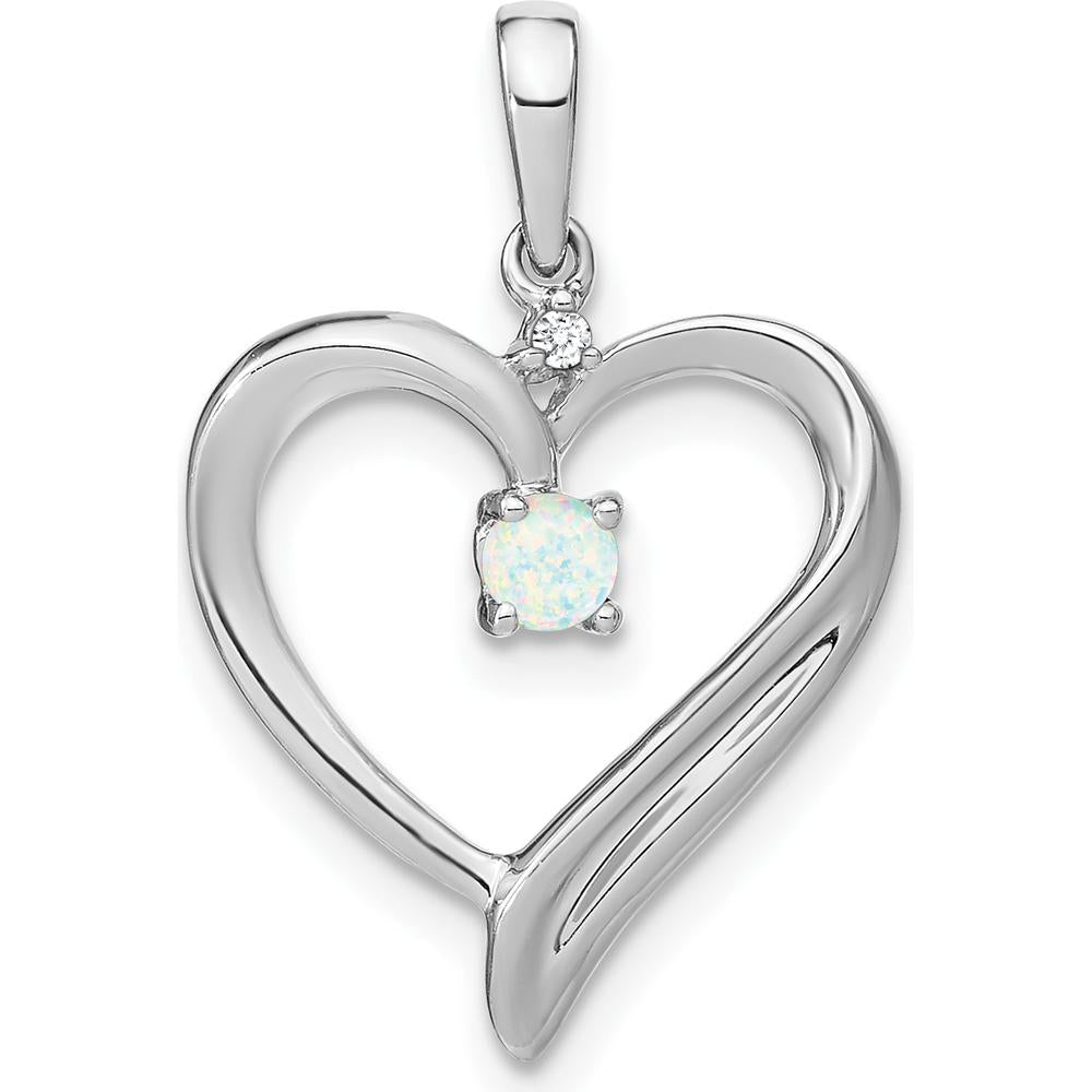 14K White Gold Lab Created Opal and Diamond Heart Pendant with Rhodium Plating - 0.065 Carat Opal and 0.01 Carat Diamond by Lumare Gioia