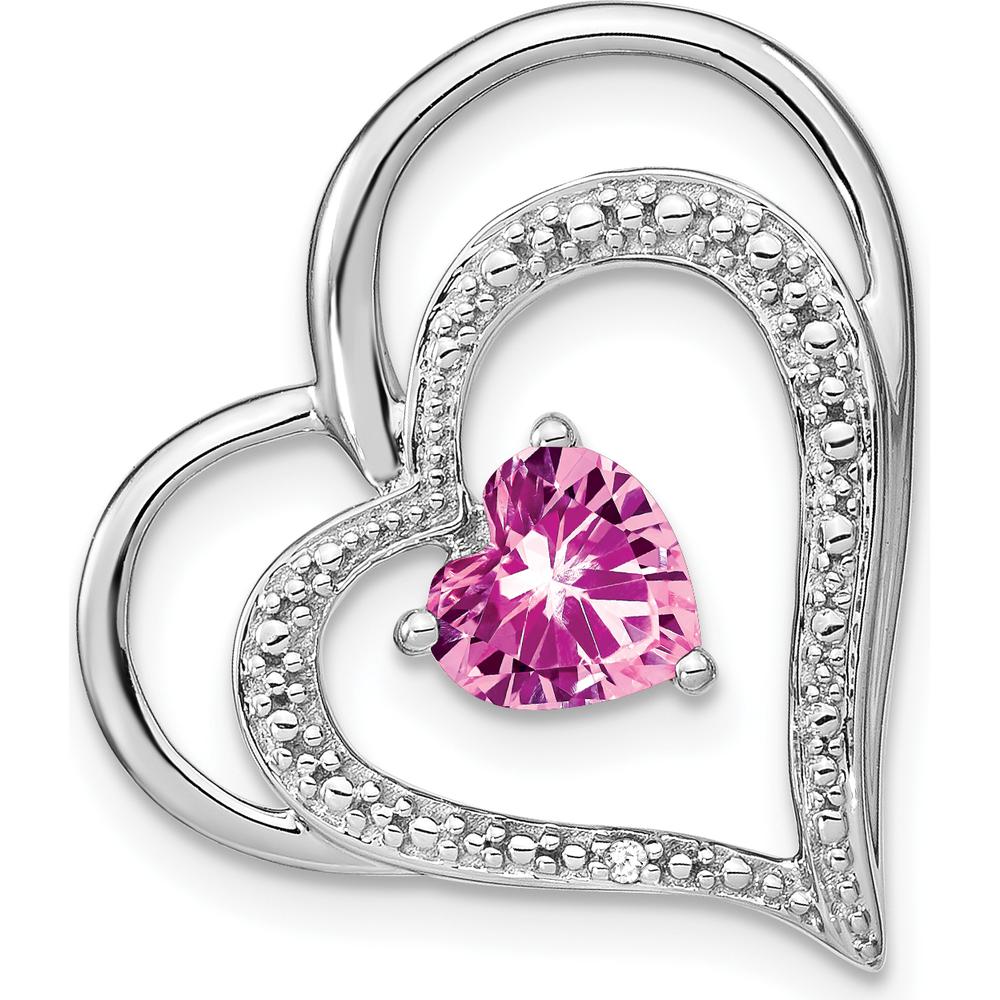 14K White Gold Lab Created Pink Sapphire and Diamond Double Heart Pendant - 0.95 Carat Pink Sapphire by Lumare Gioia
