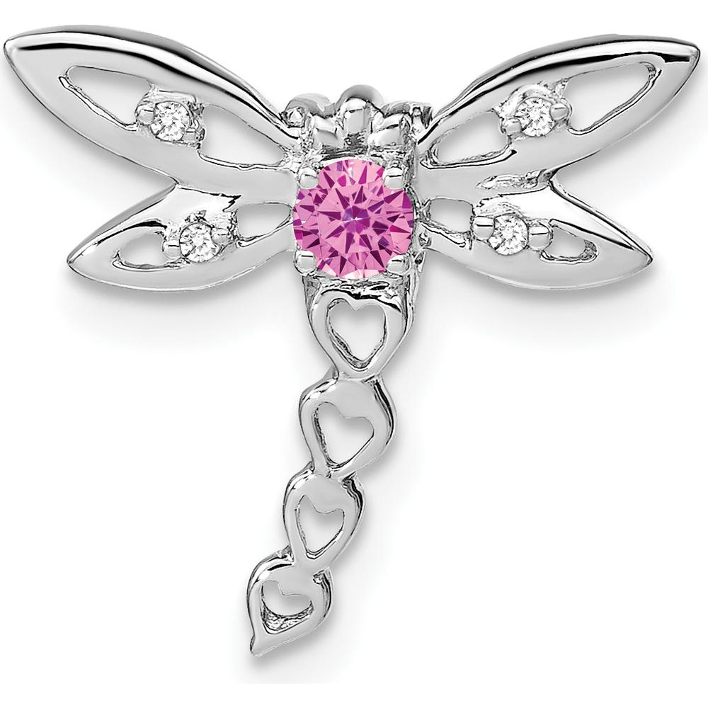 14K White Gold Lab Created Pink Sapphire and Diamond Dragonfly Pendant with Hearts Design - 0.15 Carat Total Diamond Weight by Lumare Gioia