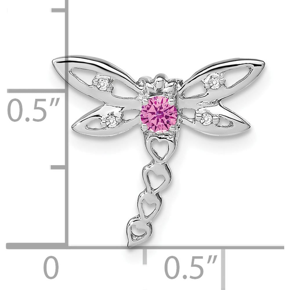14K White Gold Lab Created Pink Sapphire and Diamond Dragonfly Pendant with Hearts Design - 0.15 Carat Total Diamond Weight by Lumare Gioia