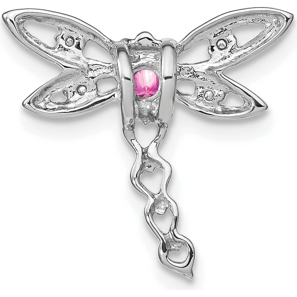 14K White Gold Lab Created Pink Sapphire and Diamond Dragonfly Pendant with Hearts Design - 0.15 Carat Total Diamond Weight by Lumare Gioia