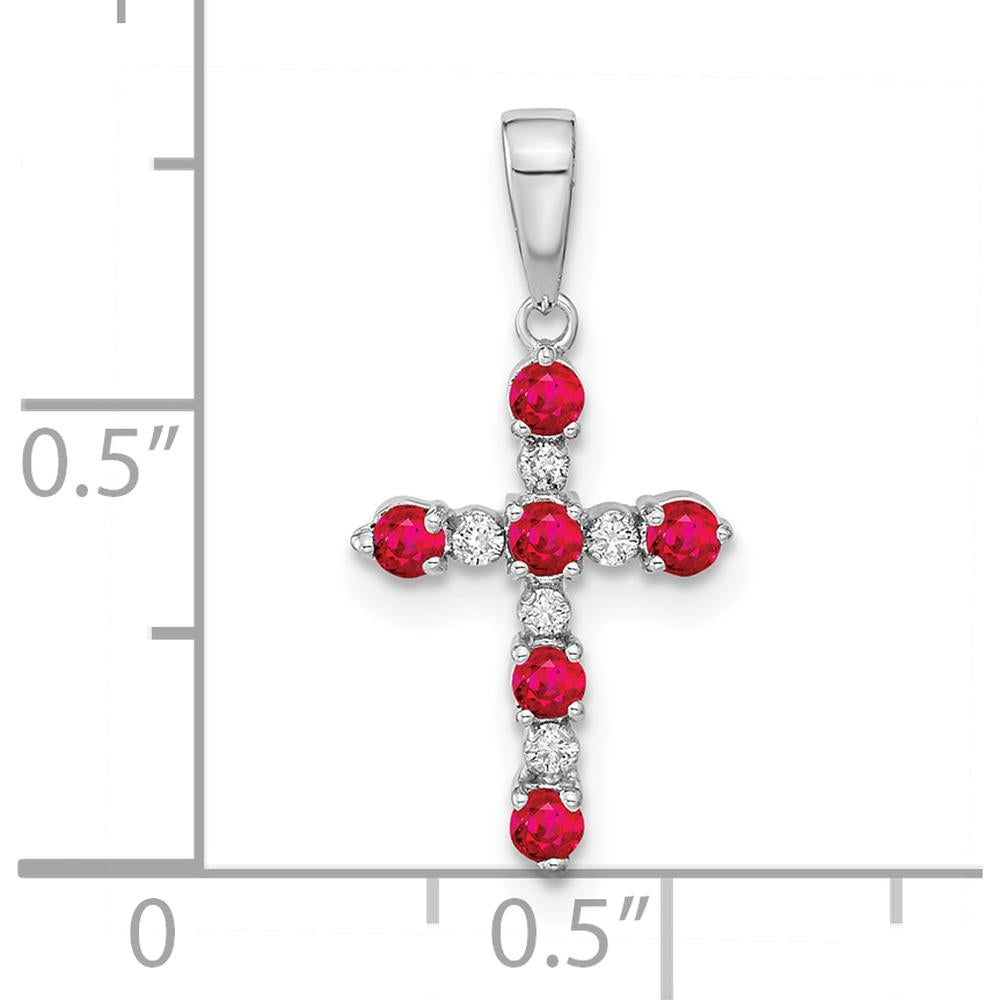 14K White Gold Lab Created Ruby and Diamond Cross Pendant with Round Rubies and Diamonds by Oro Pregiato