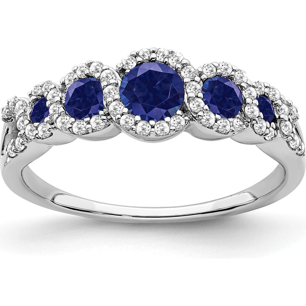 14K White Gold Lab-Created Sapphire and Diamond Halo Ring with Round Sapphires - 0.63 Carat Total Gem Weight by 0