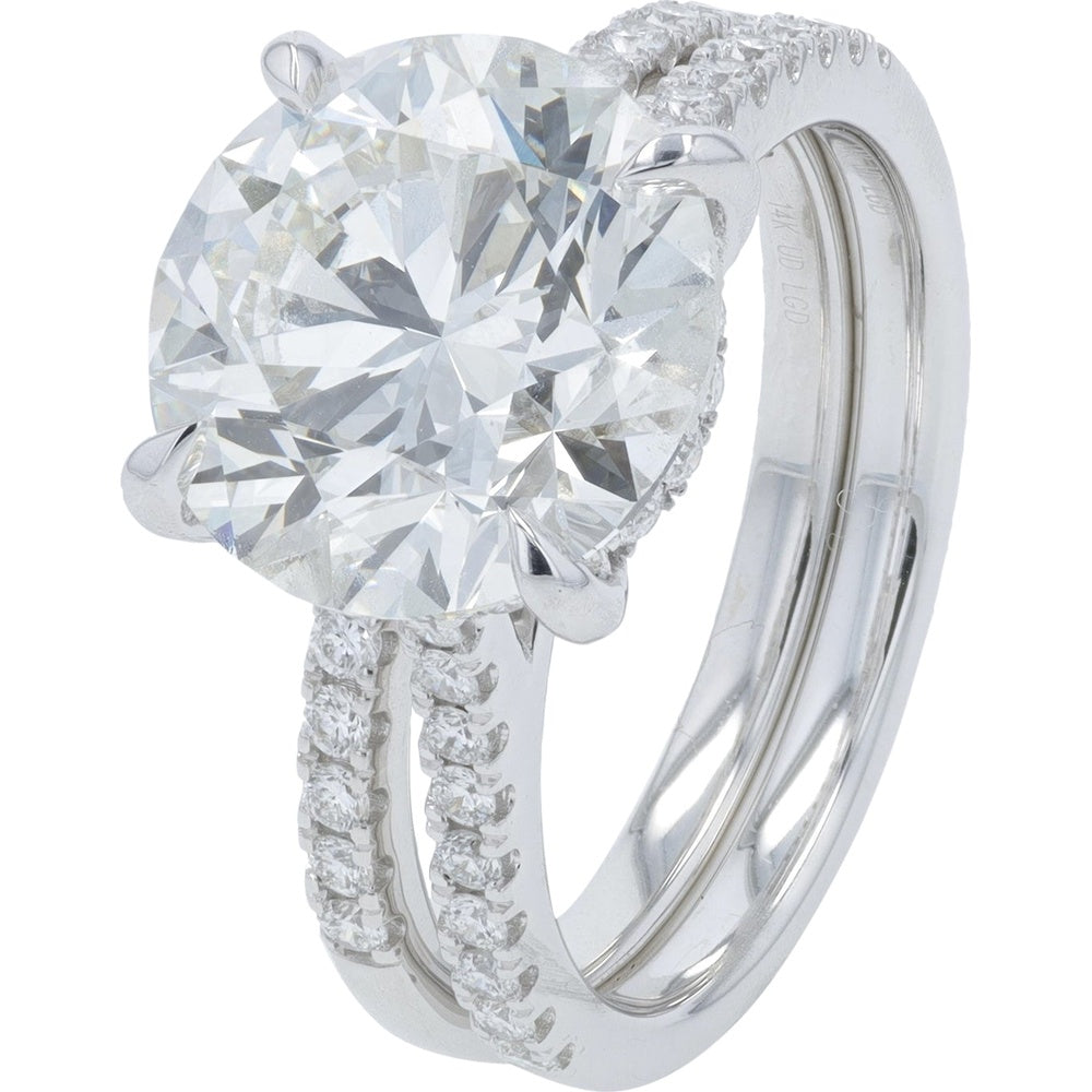 14K White Gold Lab Grown Diamond Bridal Set with 5.00 Carat Round Brilliant Center and Hidden Halo Pavé Split Shank - 5.50 Carat Total Diamond Weight