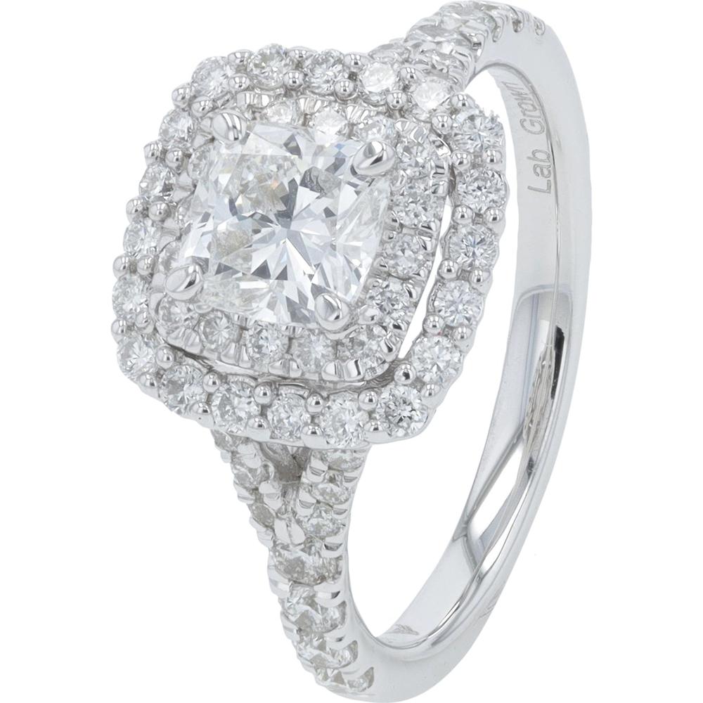 14K White Gold Lab Grown Diamond Engagement Ring with 0.75 Carat Center and 1.37 Carat Total Halo Accents