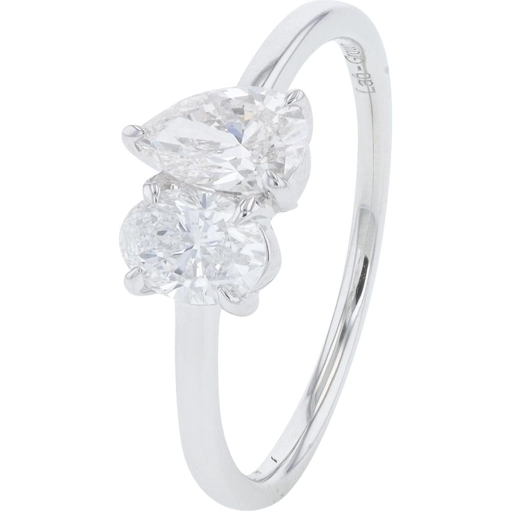 14K White Gold Lab Grown Diamond Halo Engagement Ring with 1.00 Carat Pear and Oval Diamonds