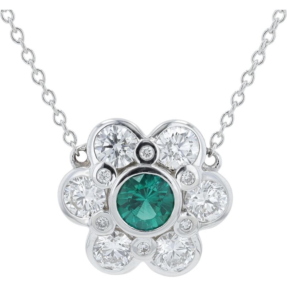 14K White Gold Lab Grown Emerald & Diamond Flower Pendant - 0.45 Carat Emerald, 1.38 Carat Diamond Total Weight