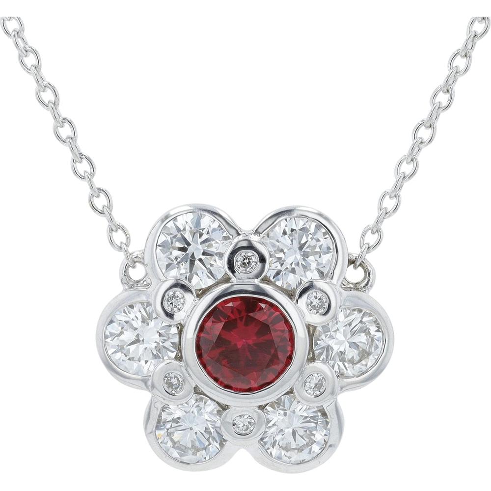 14K White Gold Lab Grown Ruby & Diamond Flower Pendant - 1.98 Carat Total Gem Weight