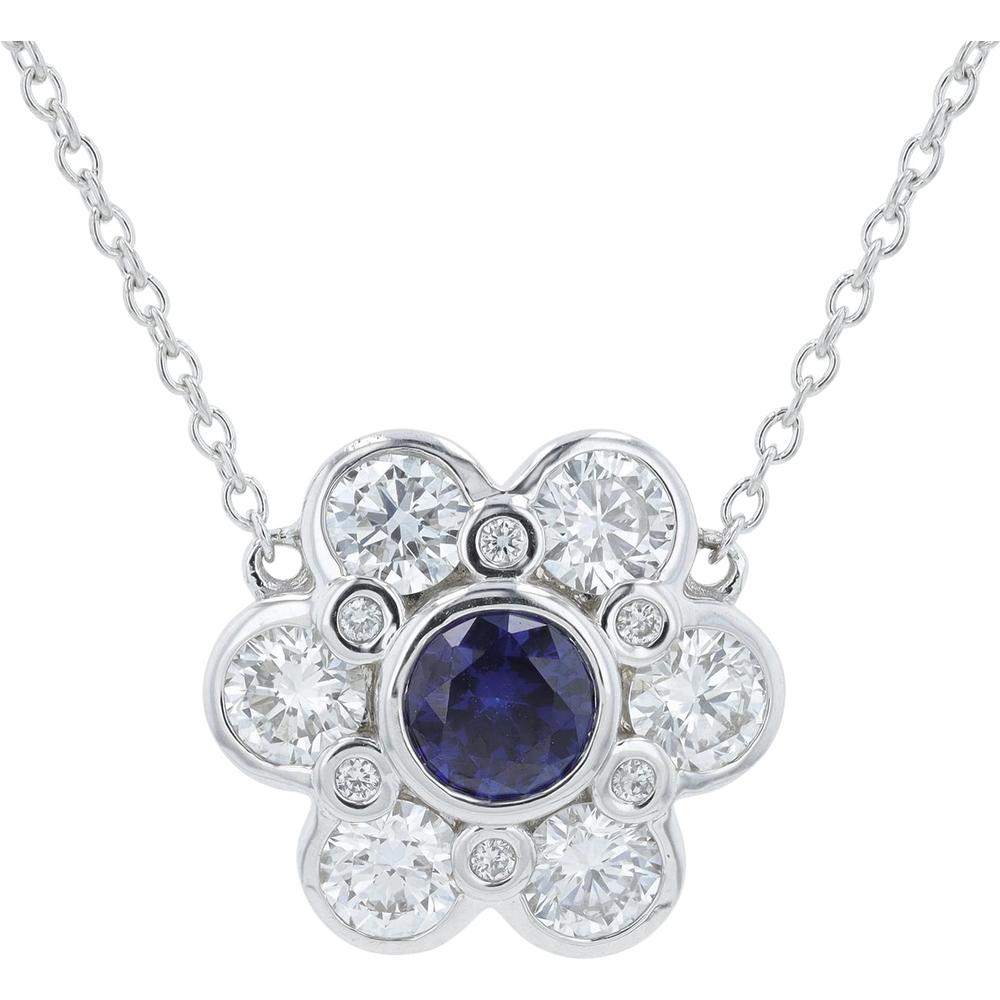 14K White Gold Lab Grown Sapphire & Diamond Flower Pendant - 1.98 Carat Total Gem Weight
