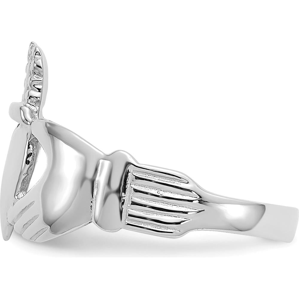 14K White Gold Ladies Claddagh Ring with Polished Silver Tone Finish by Oro Pregiato