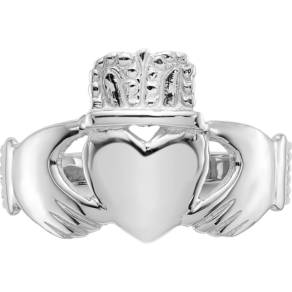 14K White Gold Ladies Claddagh Ring with Polished Silver Tone Finish by Oro Pregiato