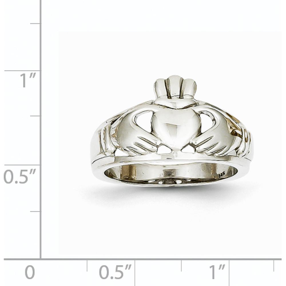 14K White Gold Ladies Claddagh Ring with Rhodium Plating - 19mm Top Length, 13mm Top Width by Oro Pregiato