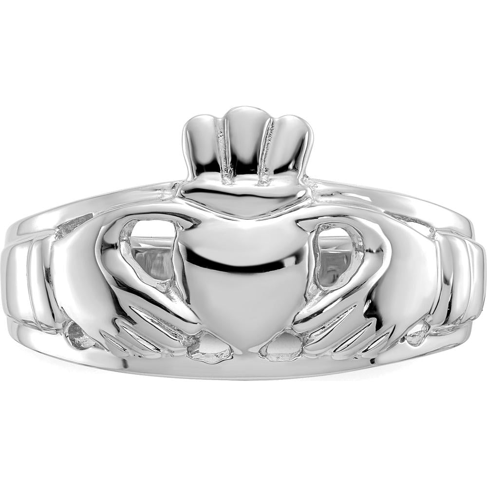 14K White Gold Ladies Claddagh Ring with Rhodium Plating - 19mm Top Length, 13mm Top Width by Oro Pregiato