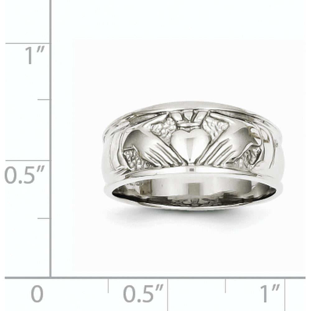 14K White Gold Ladies Polished Claddagh Band with Rhodium Plating - 8mm Width by Oro Pregiato