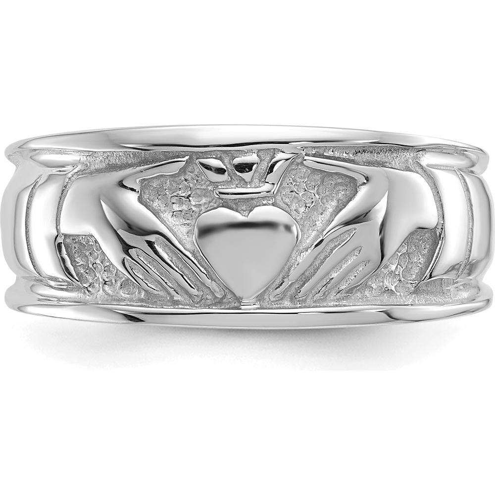 14K White Gold Ladies Polished Claddagh Band with Rhodium Plating - 8mm Width by Oro Pregiato