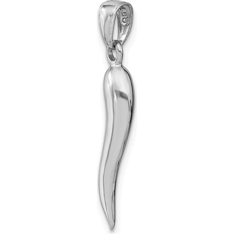 14K White Gold Large 3D Italian Horn Pendant with Polished Finish - 30mm in Length by Oro Pregiato
