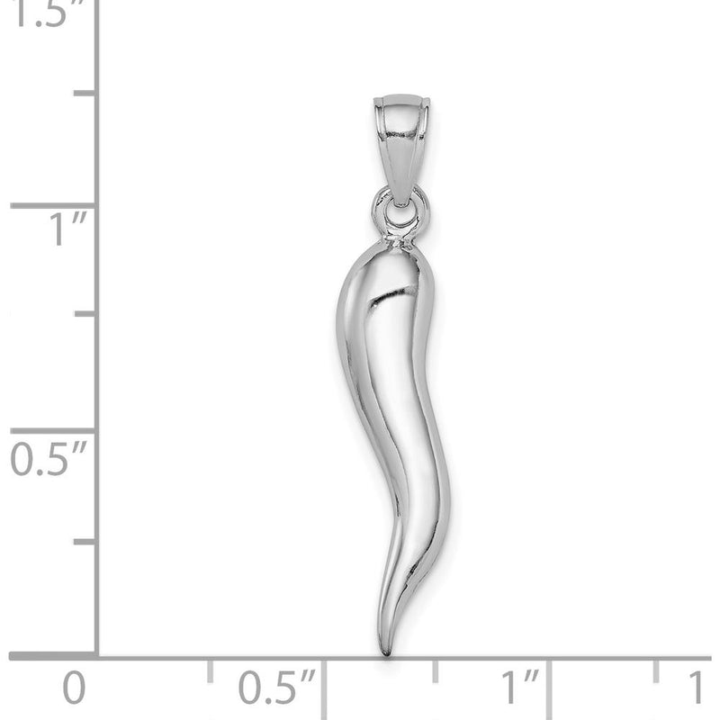 14K White Gold Large 3D Italian Horn Pendant with Polished Finish - 30mm in Length by Oro Pregiato