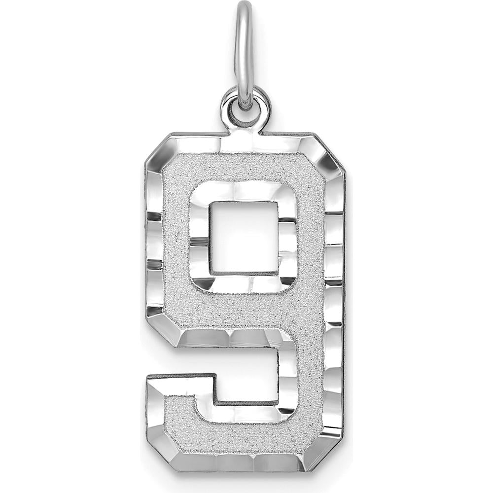 14K White Gold Large Brushed Diamond-Cut Number 9 Charm - Rhodium-Plated Finish by Oro Pregiato