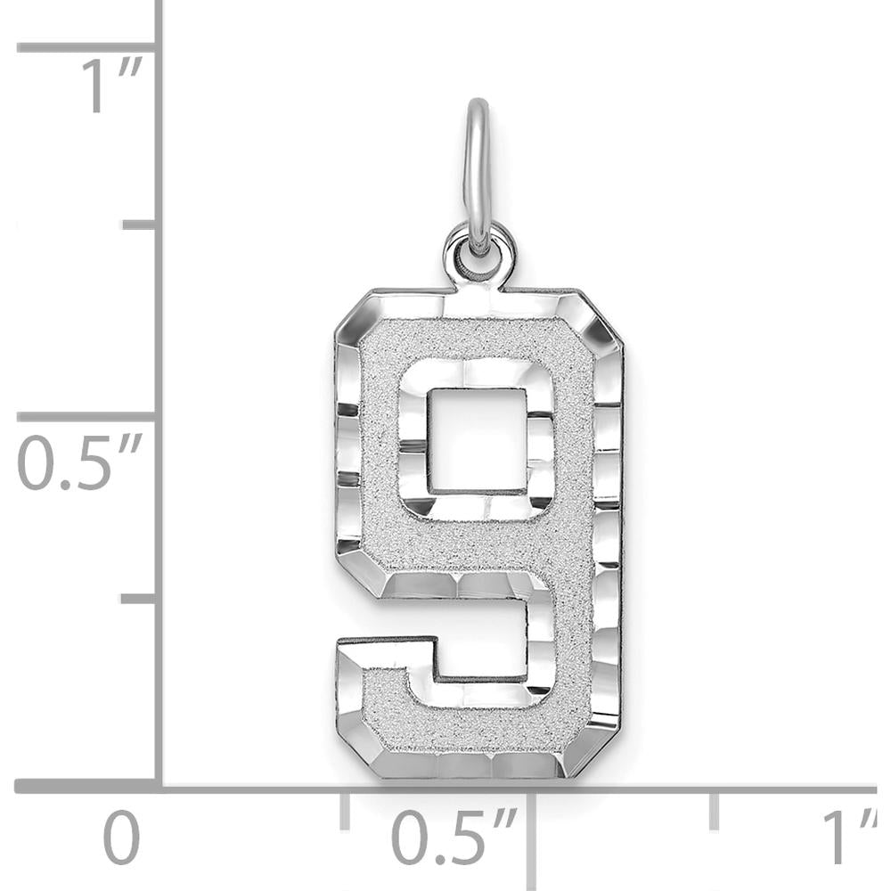 14K White Gold Large Brushed Diamond-Cut Number 9 Charm - Rhodium-Plated Finish by Oro Pregiato