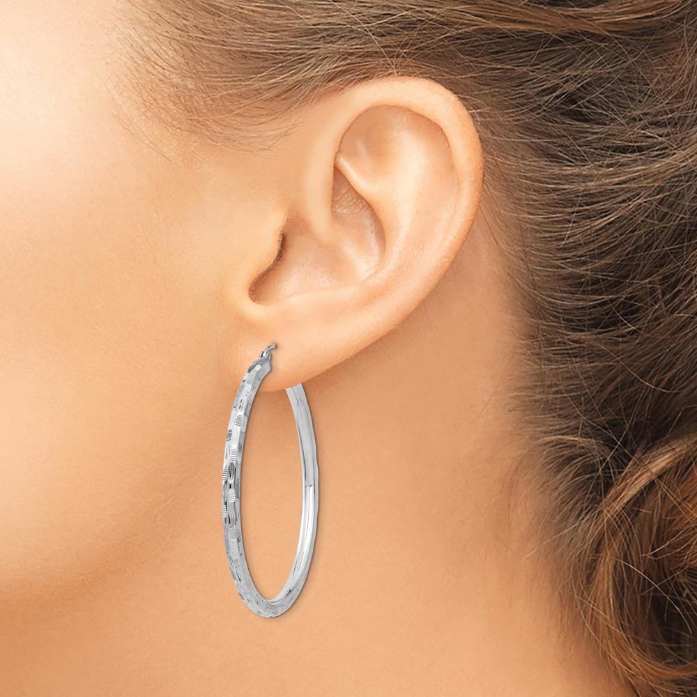 14K White Gold Large Diamond-Cut Hoop Earrings - 60mm Length by 0