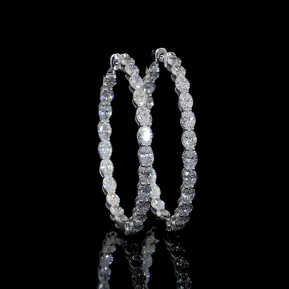 14K White Gold Large Diamond Hoop Earrings with East-West Oval Cut Lab Diamonds - 5.61 Carats Total Diamond Weight - Covaloro Fine Jewelry
