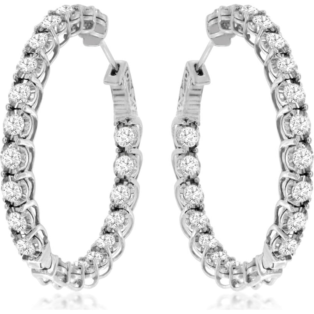 14K White Gold Large Diamond Hoop Earrings with Secure Prong-Set Round Diamonds - 3.00 Carat Total Diamond Weight - Royal Jewelry
