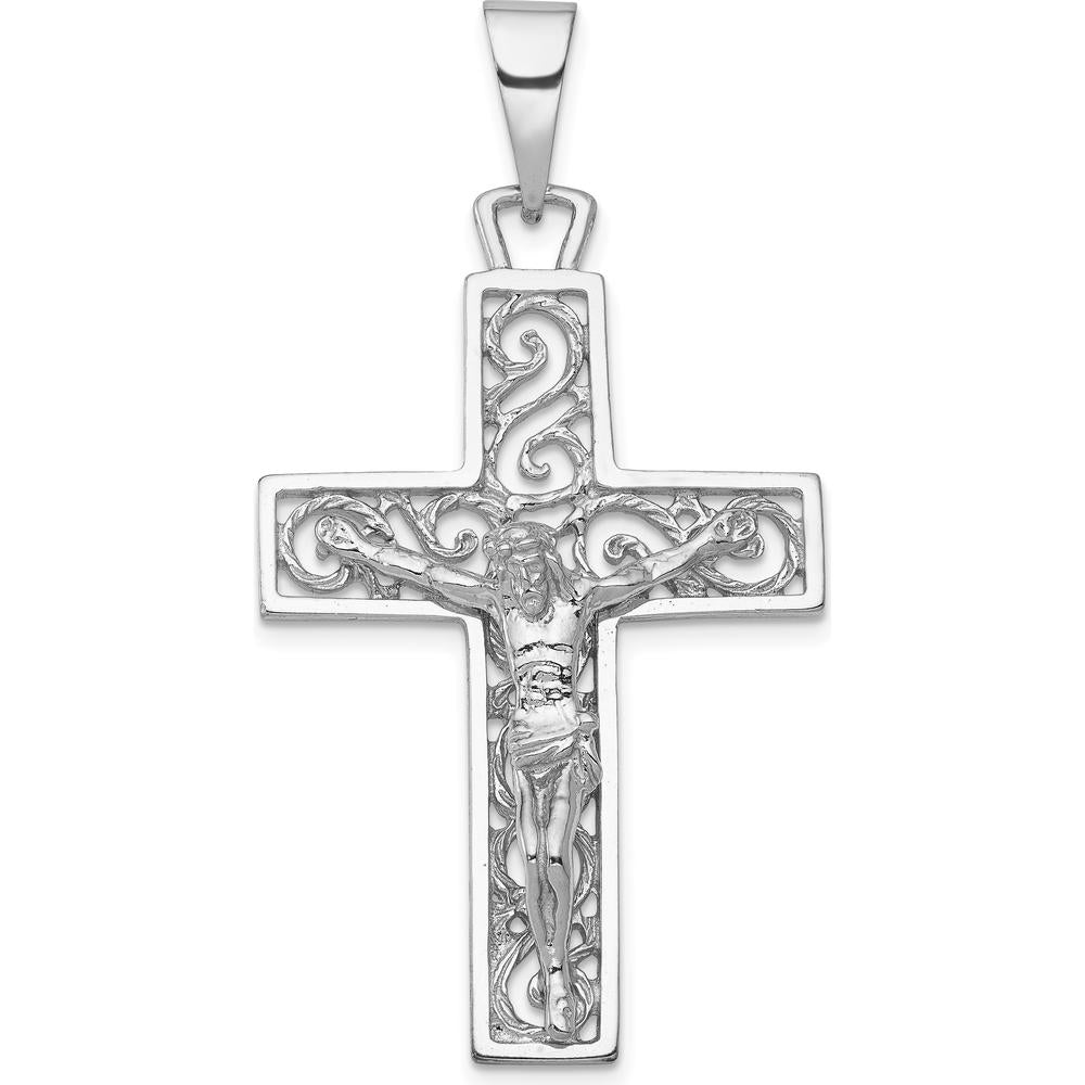 14K White Gold Large Filigree Crucifix Pendant - Rhodium Plated by Oro Pregiato