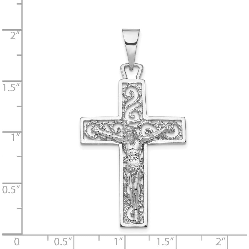 14K White Gold Large Filigree Crucifix Pendant - Rhodium Plated by Oro Pregiato