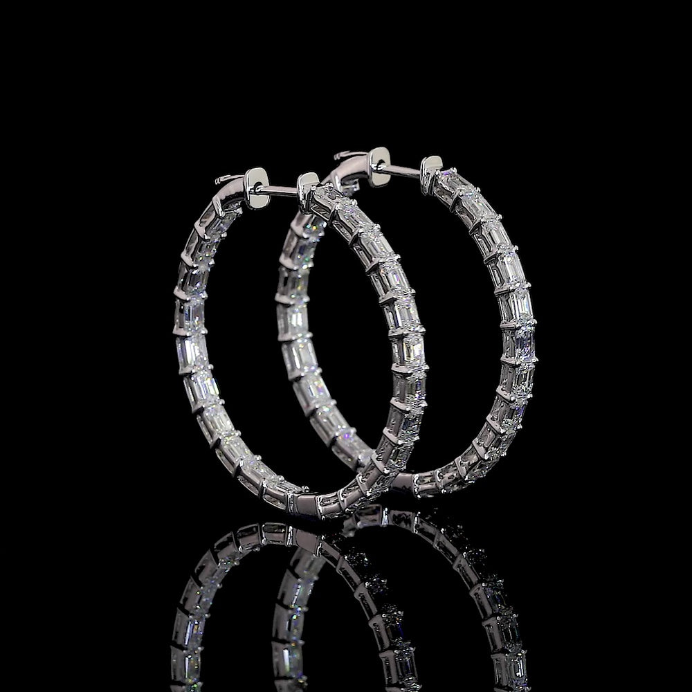 14K White Gold Large Hoop Earrings with East-West Emerald Cut Lab Diamonds - 4.85 Carats Total Diamond Weight - Covaloro Fine Jewelry