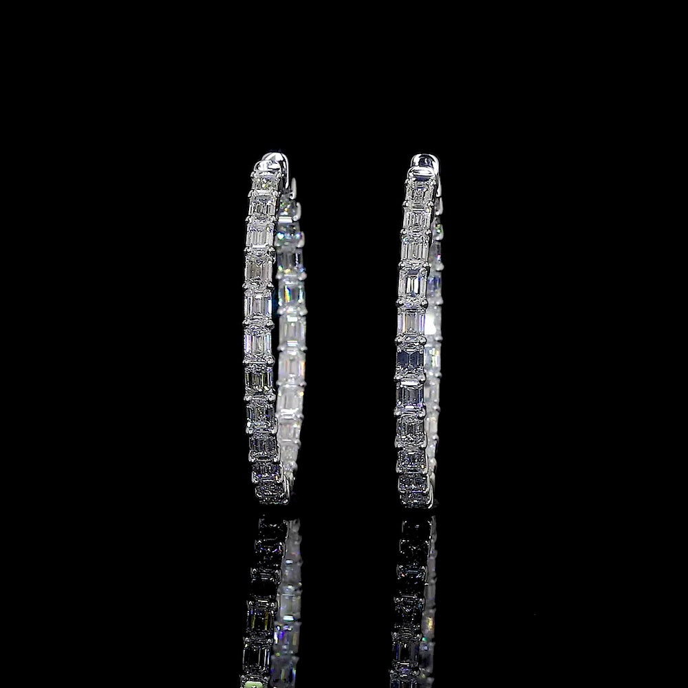 14K White Gold Large Hoop Earrings with East-West Emerald Cut Lab Diamonds - 4.85 Carats Total Diamond Weight - Covaloro Fine Jewelry