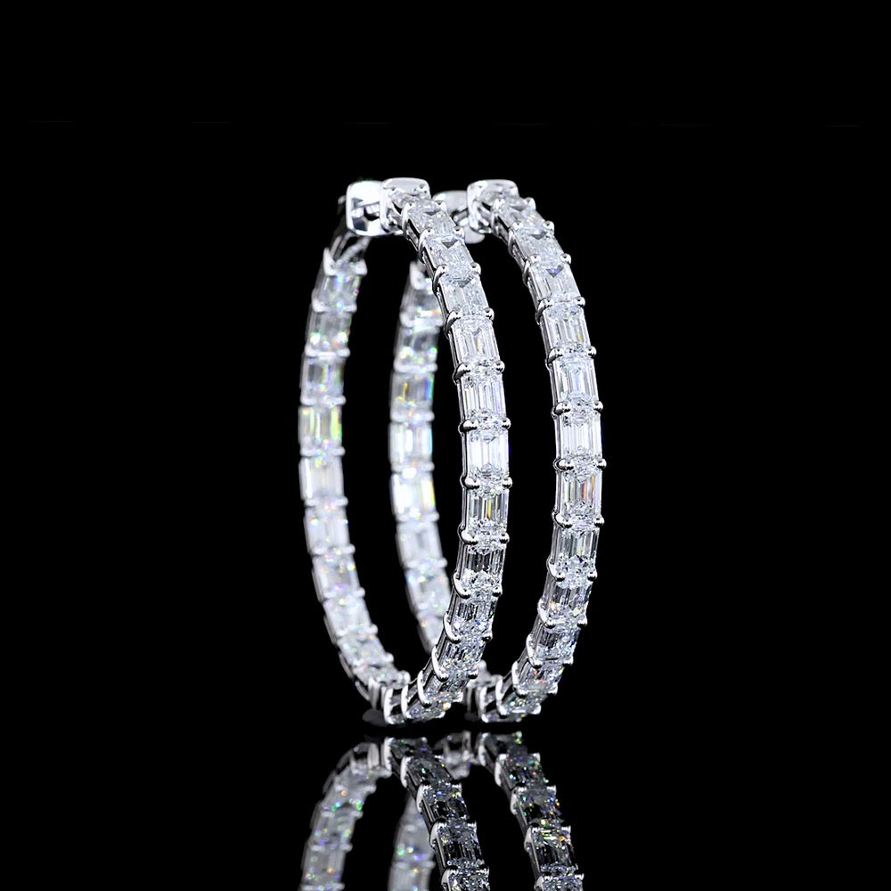 14K White Gold Large Hoop Earrings with East-West Prong Set Emerald Cut Lab Diamonds - 5.94 Carat Total Diamond Weight - Covaloro Fine Jewelry