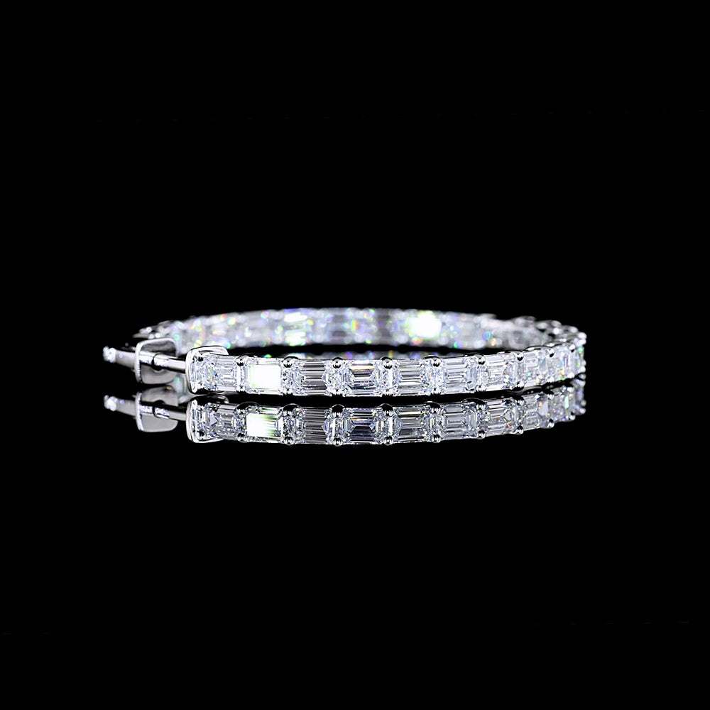 14K White Gold Large Hoop Earrings with East-West Prong Set Emerald Cut Lab Diamonds - 5.94 Carat Total Diamond Weight - Covaloro Fine Jewelry