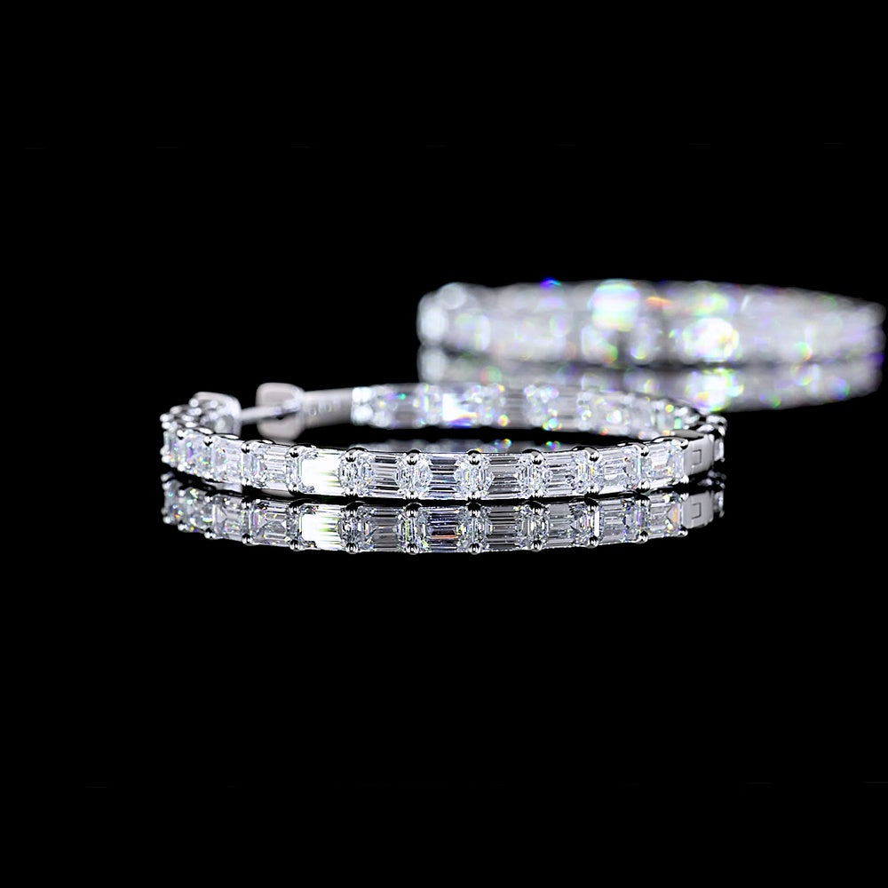 14K White Gold Large Hoop Earrings with East-West Prong Set Emerald Cut Lab Diamonds - 5.94 Carat Total Diamond Weight - Covaloro Fine Jewelry