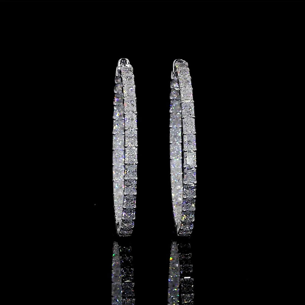 14K White Gold Large Hoop Earrings with East-West Set Radiant Cut Lab Diamonds - 6.40 Carat Total Diamond Weight - Covaloro Fine Jewelry