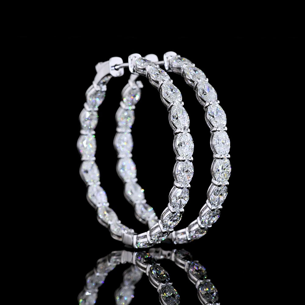 14K White Gold Large Oval Hoop Earrings with East-West Prong Set Lab Diamonds - 7.72 Carat Total Weight - Covaloro Fine Jewelry