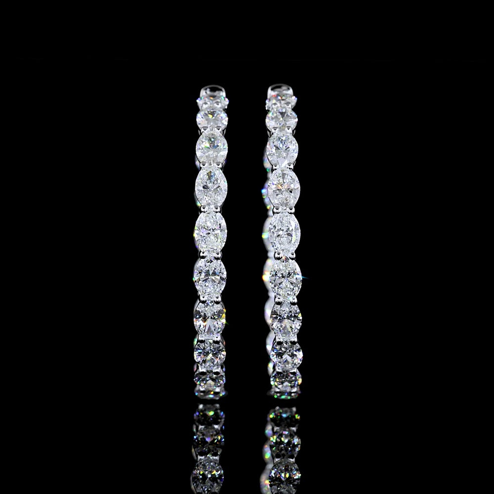 14K White Gold Large Oval Hoop Earrings with East-West Prong Set Lab Diamonds - 7.72 Carat Total Weight - Covaloro Fine Jewelry