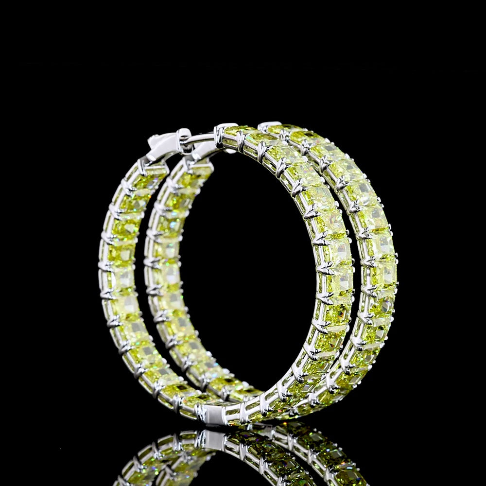 14K White Gold Large Radiant Cut Hoop Earrings with Fancy Vivid Yellow Lab-Grown Diamonds - 22.77 Carat Total Weight - Covaloro Fine Jewelry
