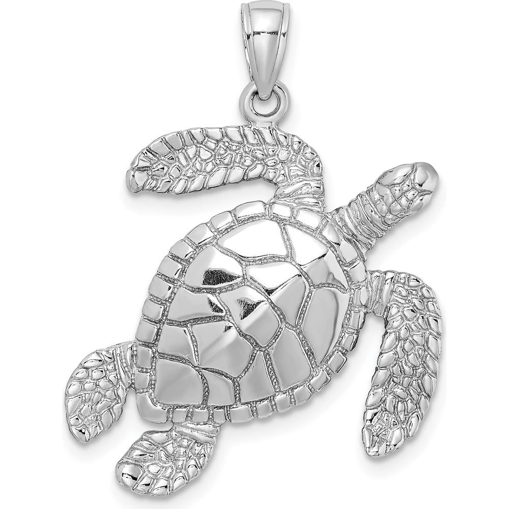 14K White Gold Large Textured Swimming Sea Turtle Charm - 30mm Length by Oro Pregiato