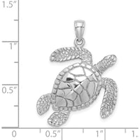 14K White Gold Large Textured Swimming Sea Turtle Charm - 30mm Length by Oro Pregiato